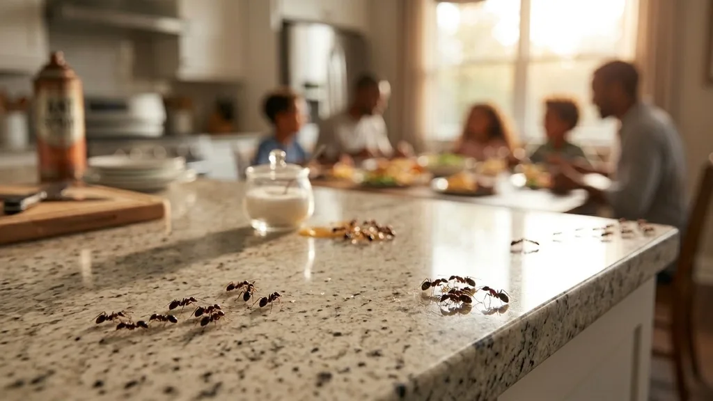 Trail of ants crossing a kitchen counter near food while a family eats in the background of a Hampton Roads home