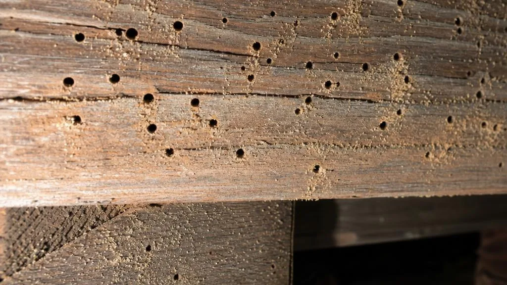 Powderpost beetle exit holes and frass covering aged wooden subfloor joists under a Hampton Roads home crawl space