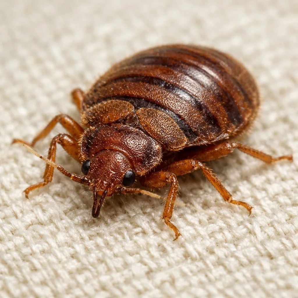 Detailed close-up of an adult bed bug on fabric for residential identification and professional bed bug heat treatment services in Virginia Beach.