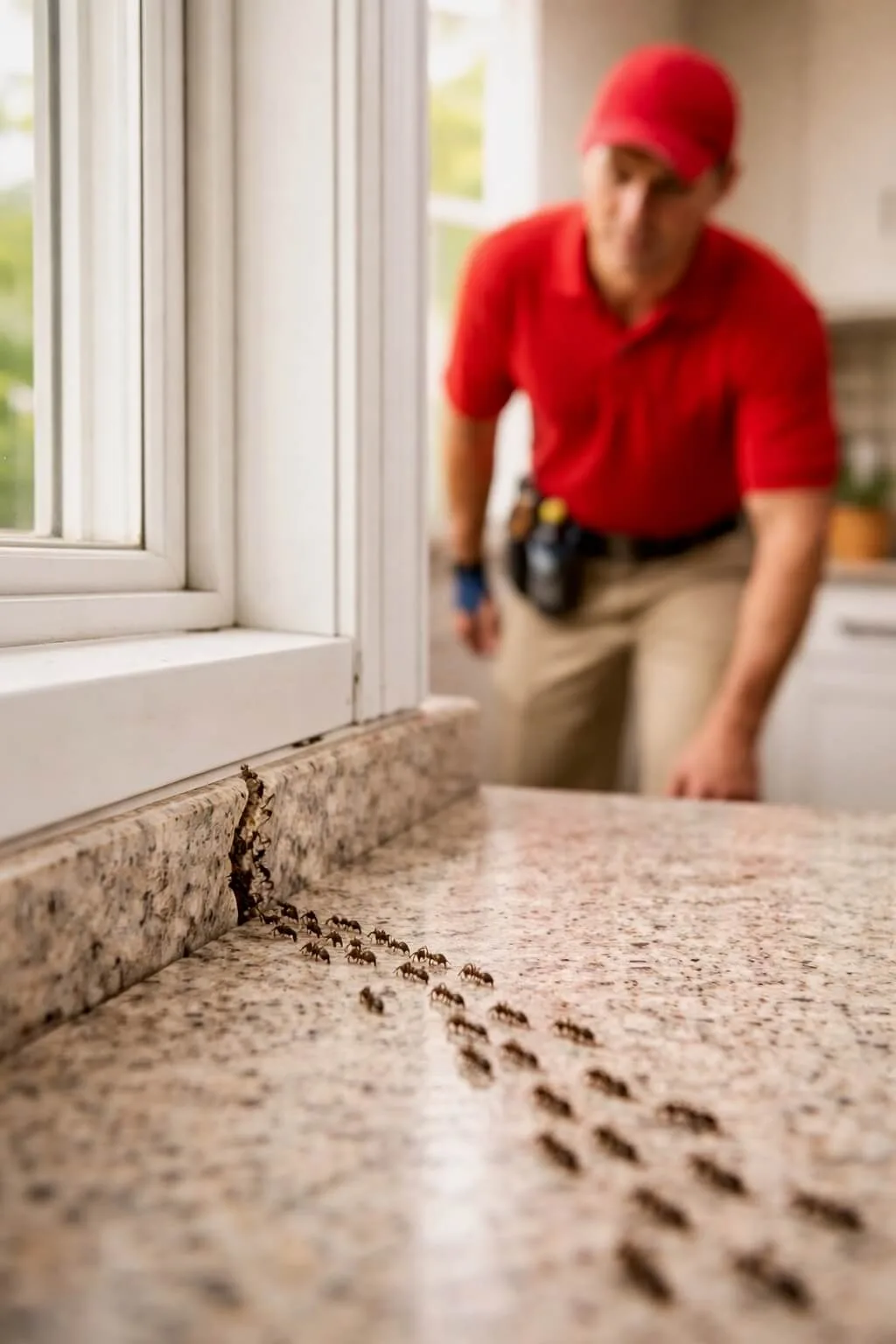 Ants trail across kitchen countertop, pest worker