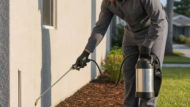 A pest control technician in a plain grey uniform spraying a liquid perimeter treatment along the mulch bed at the base of a home's exterior wall.