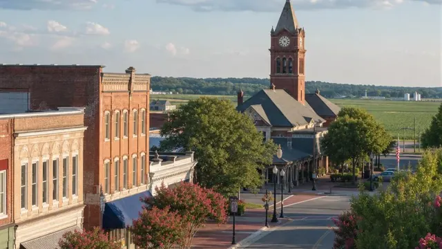 Historic brick storefronts and the clock tower along Main Street in downtown Suffolk under a warm evening sky, with flat green peanut fields and farm buildings stretching to the horizon beyond the town edge.