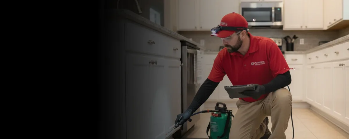 Pest control technician spraying kitchen baseboards