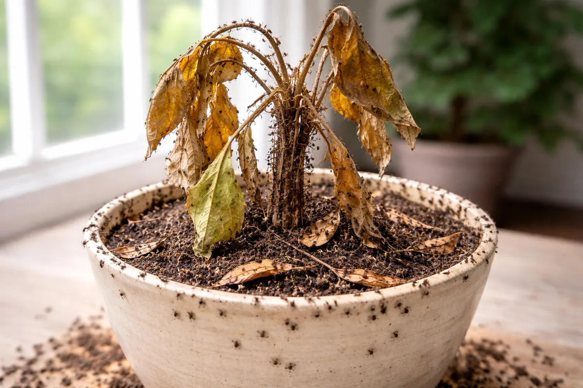 A picture of a dying household plant with ants on it.