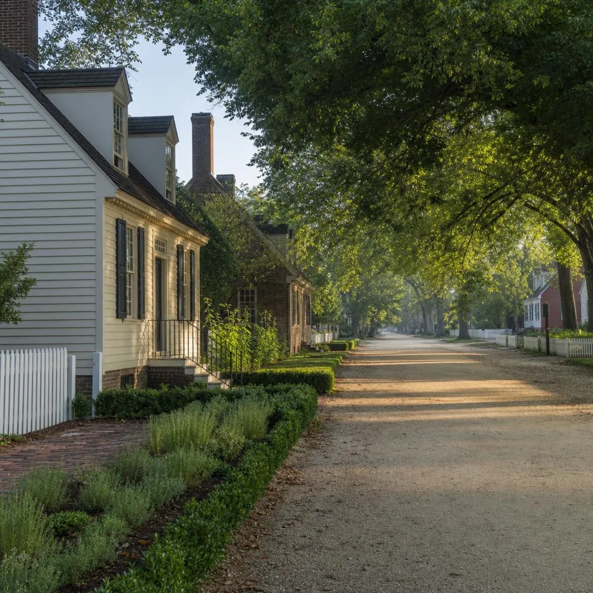 A tree-shaded colonial street in Williamsburg at first light, with white clapboard and brick houses behind picket fences, brick walkways and clipped boxwood hedges beside a sandy unpaved lane.