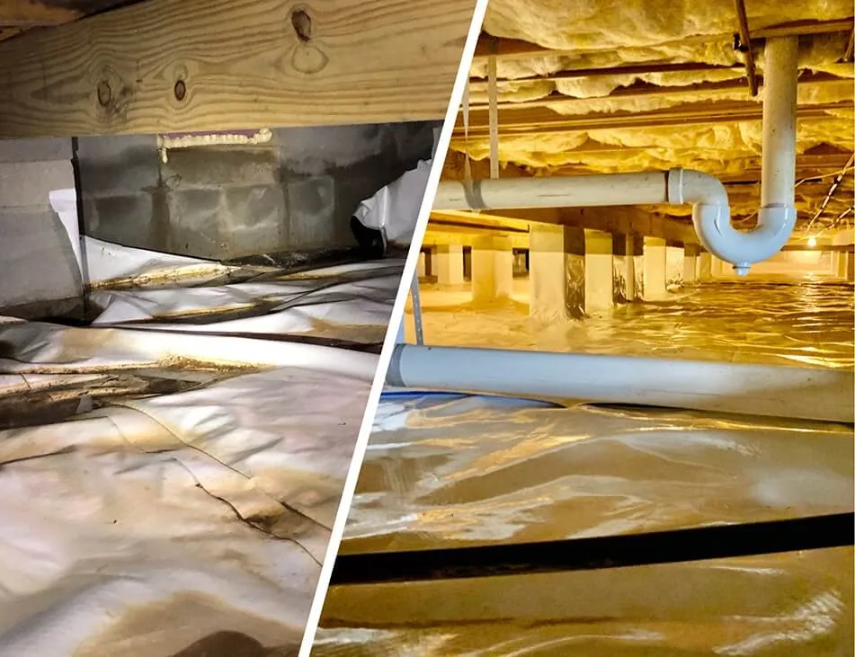 Two crawl spaces side by side: torn vapor barrier pulled away from the block foundation on the left, and sagging fiberglass batts above a damp barrier on the right.