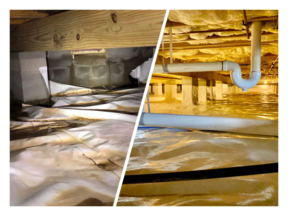 Before and after crawl space encapsulation in the Alanton section of Virginia Beach: torn loose liner over damp soil on the left, sealed liner and insulated floor joists on the right