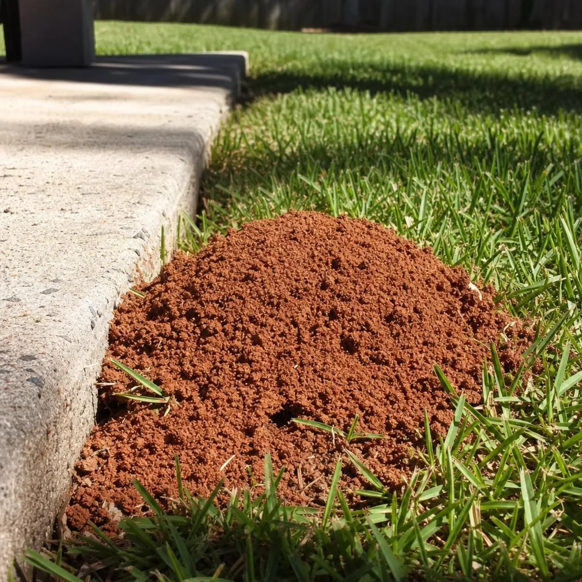 A loose dome of freshly worked soil forming a fire ant mound in a sunny lawn at the edge of a concrete patio slab.