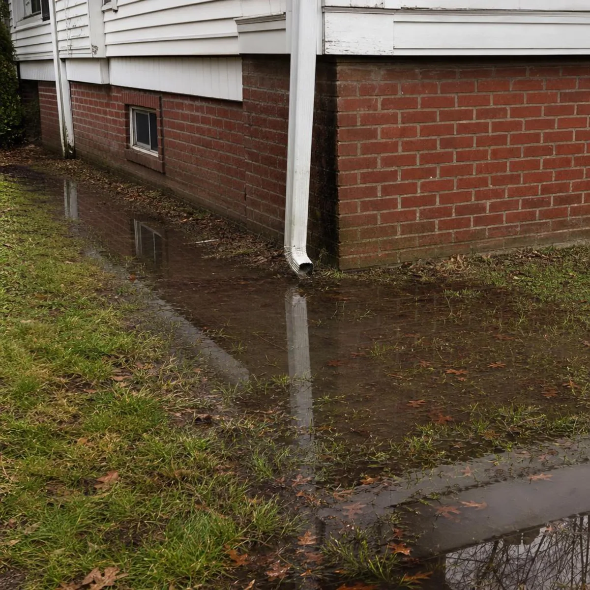 Standing rainwater pooled in a low yard right against the brick foundation and downspout of a Norfolk home after a heavy storm.