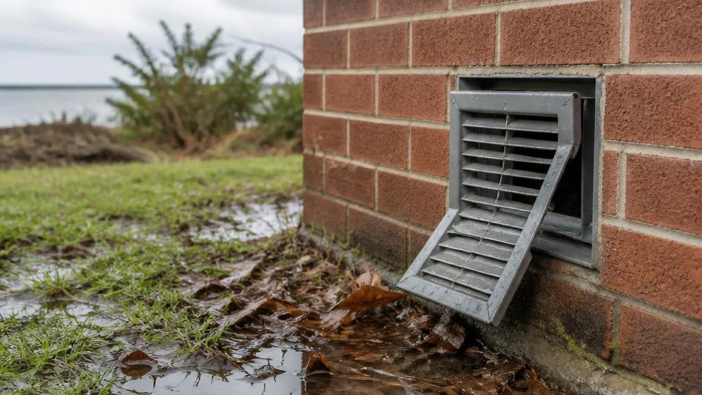 Illustrative post-storm scene: a displaced crawl-space vent beside pooled rainwater.