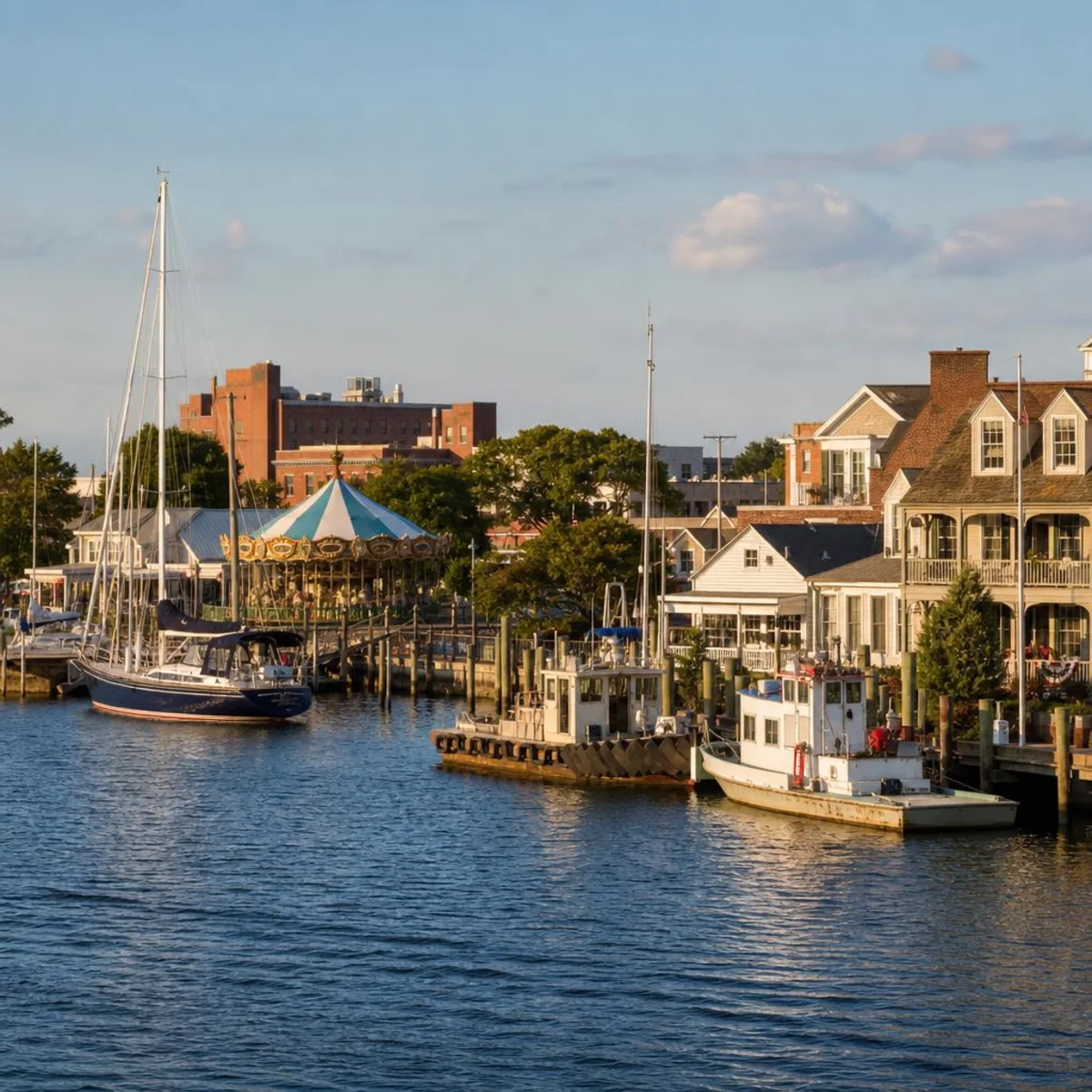 Sailboats and workboats moored along the downtown Hampton waterfront at sunset, the historic carousel pavilion and low brick buildings lining the harbor walk beside the calm Hampton River.