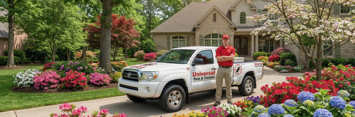 Pest control technician and truck in garden