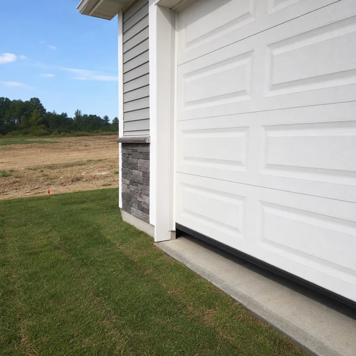 The garage door of a newly built home sitting slightly proud of its concrete apron, leaving a shadowed gap along the bottom edge.