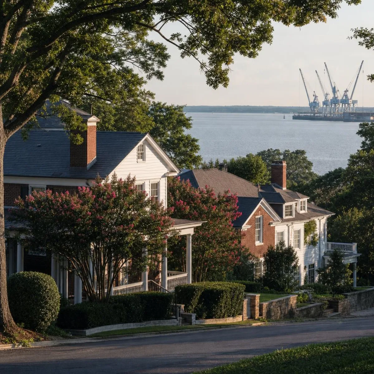 Brick and white-clapboard homes with deep porches and slate roofs on a shaded street above the James River in Newport News, crepe myrtle in bloom out front and shipyard gantry cranes visible across the water.
