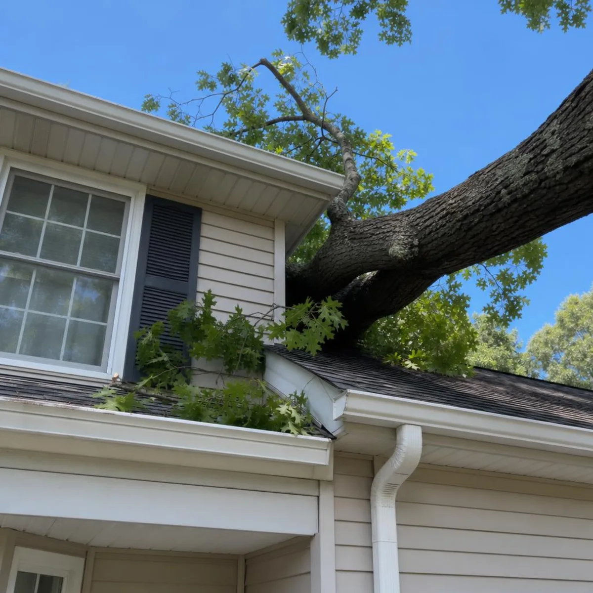 A heavy oak branch resting against the gutter and roof edge of a suburban two-story home, its leaves touching the shingles.