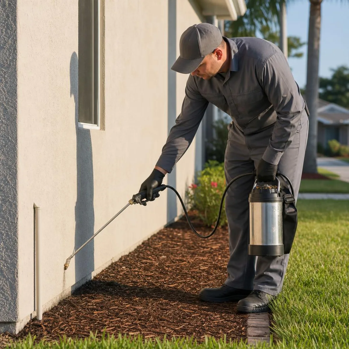 A pest control technician in a plain grey uniform spraying a liquid perimeter treatment along the mulch bed at the base of a home's exterior wall.