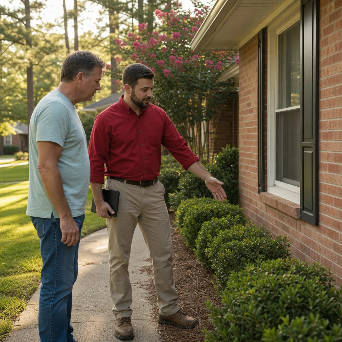 A technician in a red work shirt and khakis standing on the front walkway of a brick ranch house, tablet under one arm, pointing along the foundation shrubs while the homeowner watches.