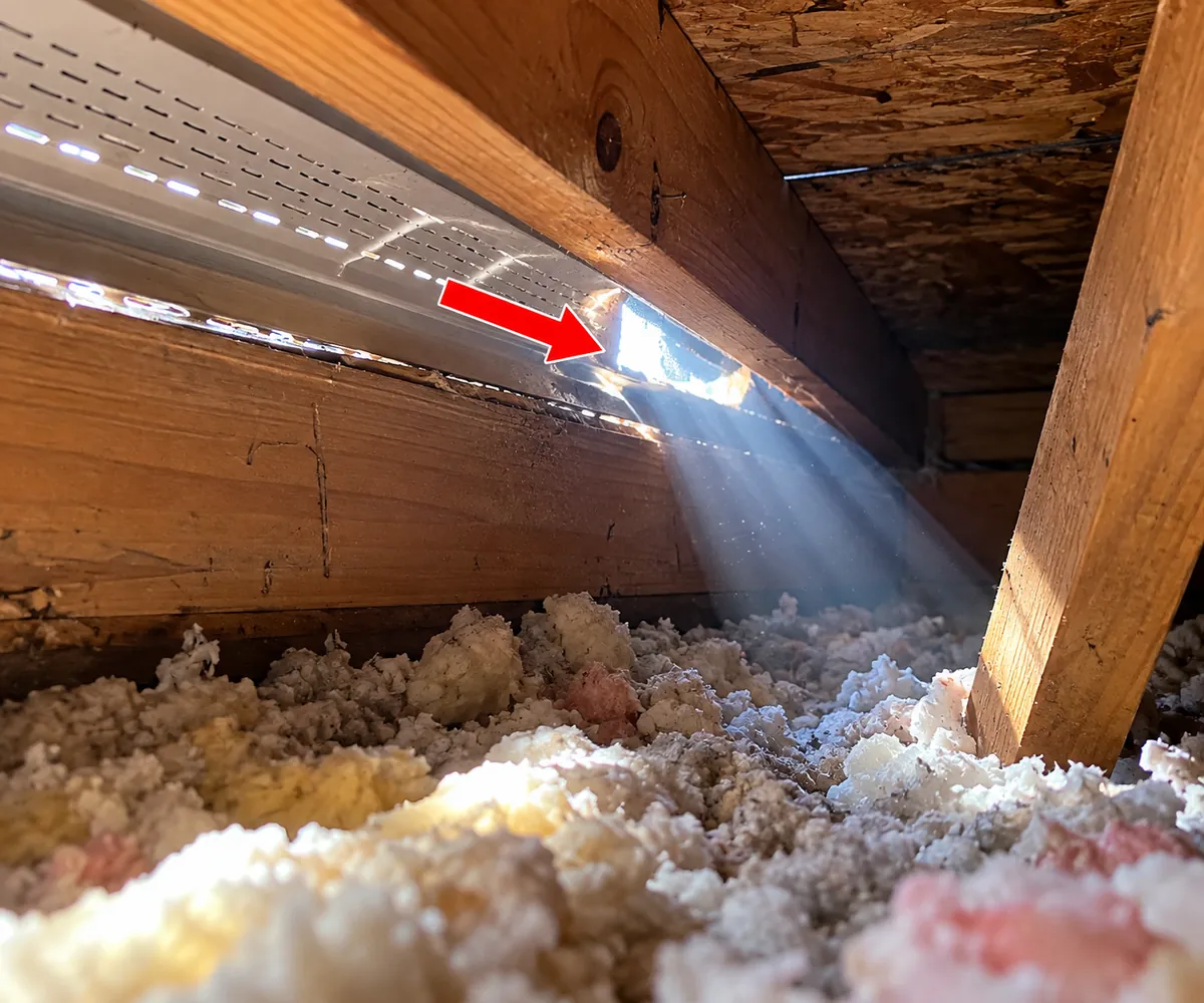 Attic roof-edge opening beside loose insulation, marked by a red arrow, with daylight visible through the gap.