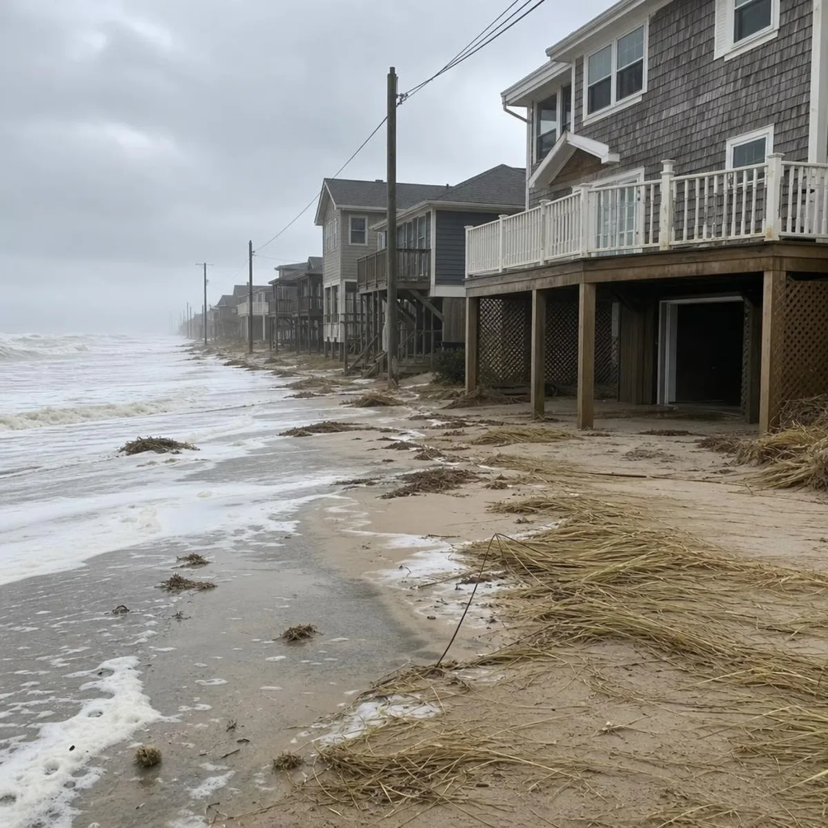 Wind-driven surf and blowing sand along a beachfront street of raised coastal cottages, with dune grass flattened in front of an open under-house garage.