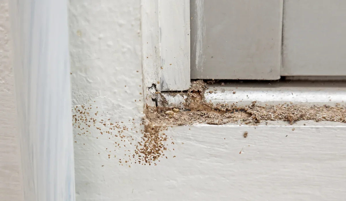 Subterranean termite mud tube running up a concrete foundation wall inside the crawl space of a Virginia Beach home.