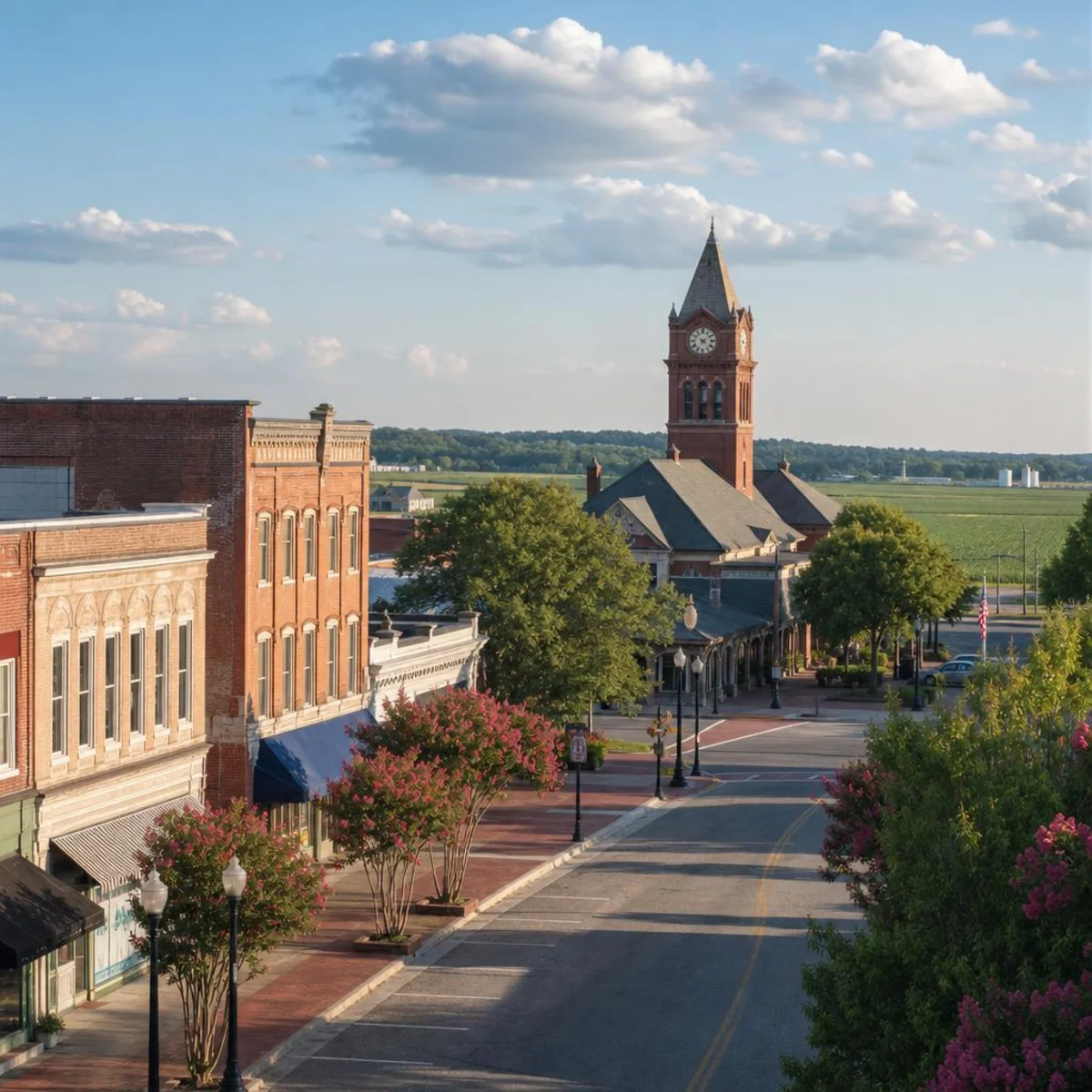Historic brick storefronts and the clock tower along Main Street in downtown Suffolk under a warm evening sky, with flat green peanut fields and farm buildings stretching to the horizon beyond the town edge.