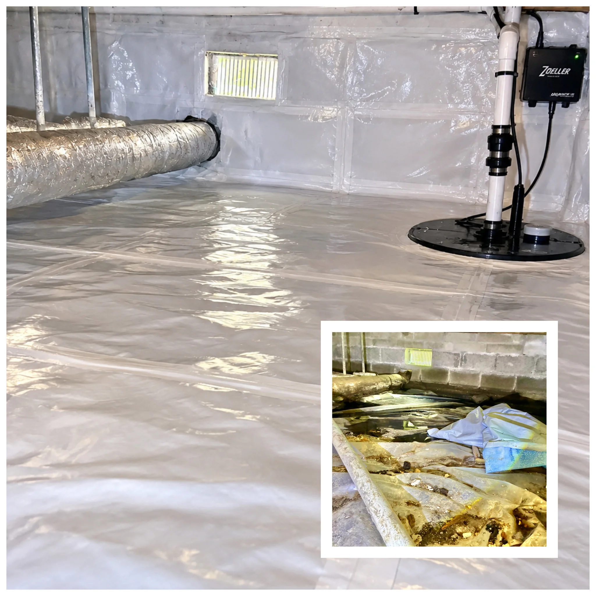 Before-and-after comparison showing a wet damaged crawl space and the same space after a sealed liner and sump pump installation.