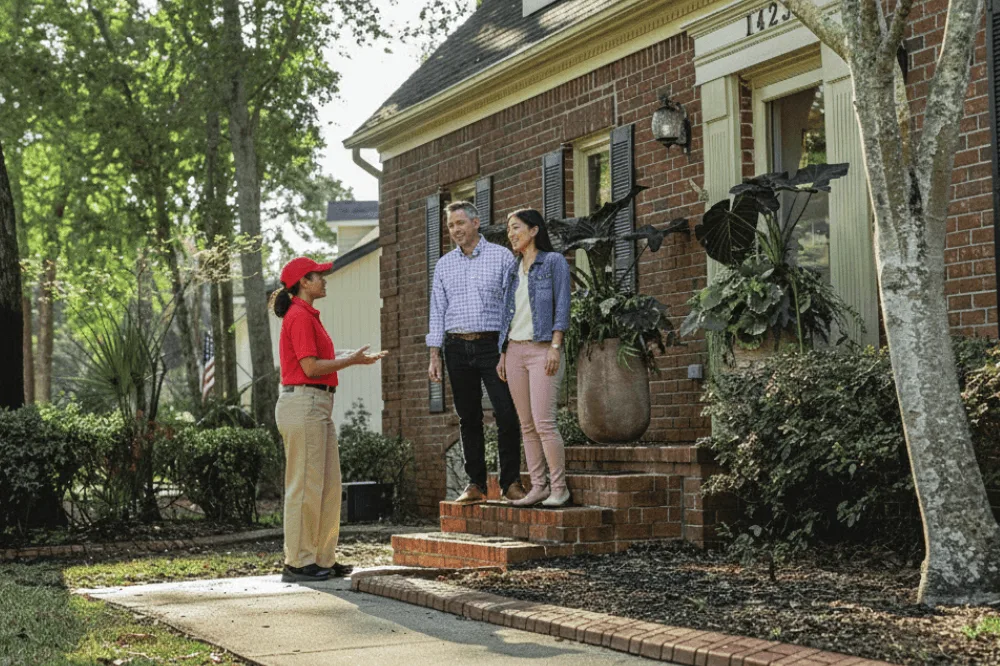 Delivery worker speaking to couple on porch