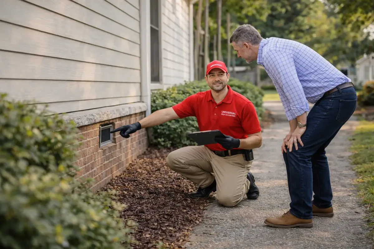Technician inspecting foundation vent while homeowner watches
