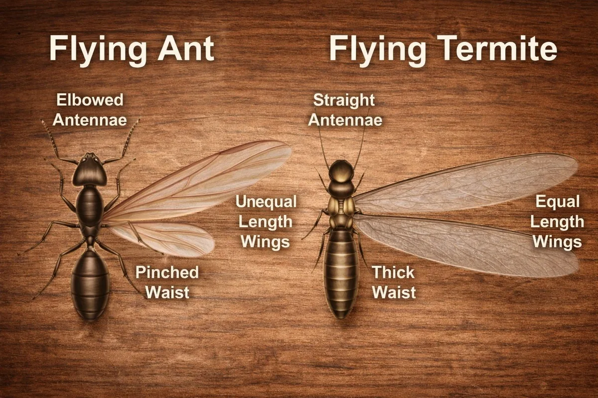 Side-by-side comparison of a flying ant and a termite swarmer. The ant has elbowed antennae, a pinched waist, and wings of unequal length, while the termite has straight antennae, a thick body with no narrow waist, and wings of equal length