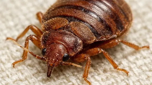 A close-up of an adult bed bug on cream woven fabric: a flat, oval, reddish-brown body with a banded abdomen, six legs and short antennae, about the size of an apple seed.