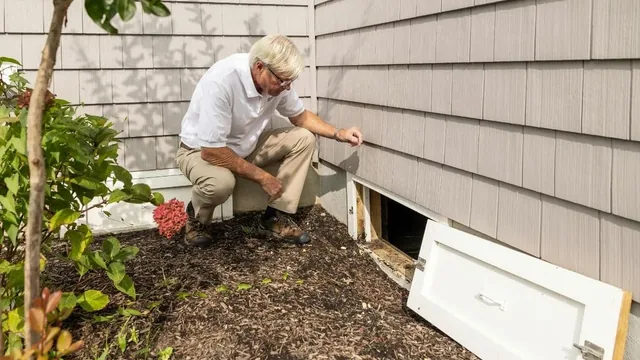 A technician conducting a late-summer inspection inside a residential crawl space beneath the floor system.