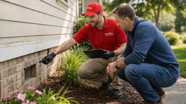 Pest technician and homeowner examining a screened foundation vent.