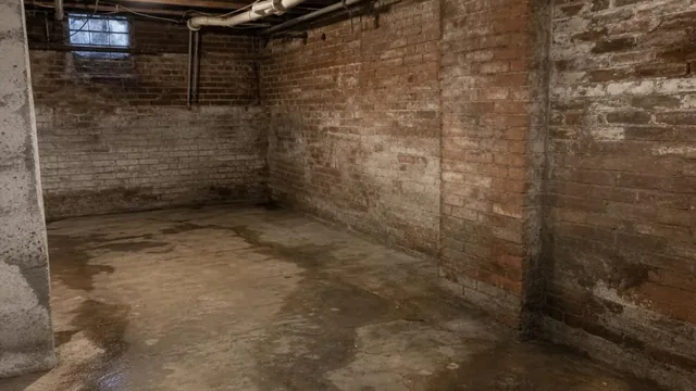 An old brick basement under a historic house, with a damp concrete floor, exposed plumbing pipes and a floor drain in the corner.