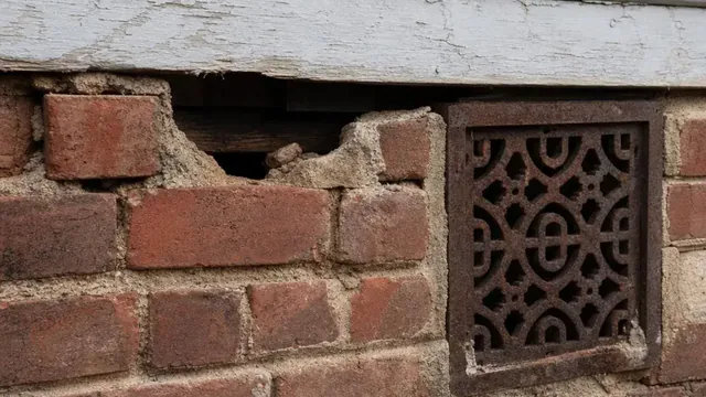 The aged brick foundation of a historic home, with crumbling mortar leaving an open gap beneath the painted wooden sill and beside a rusted vent grate.