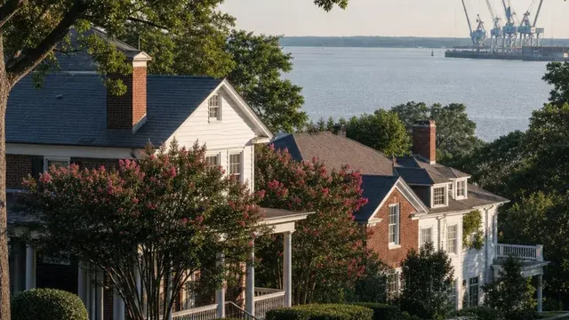 Brick and white-clapboard homes with deep porches and slate roofs on a shaded street above the James River in Newport News, crepe myrtle in bloom out front and shipyard gantry cranes visible across the water.