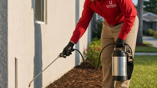 Universal Pest & Termite technician in a red branded shirt and cap applying a liquid perimeter treatment beside a home's foundation.