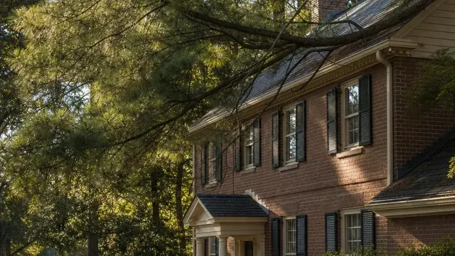 Tall pines standing over the roofline of a two-story brick home on a wooded Virginia Beach street, with branches reaching across the gutter line.