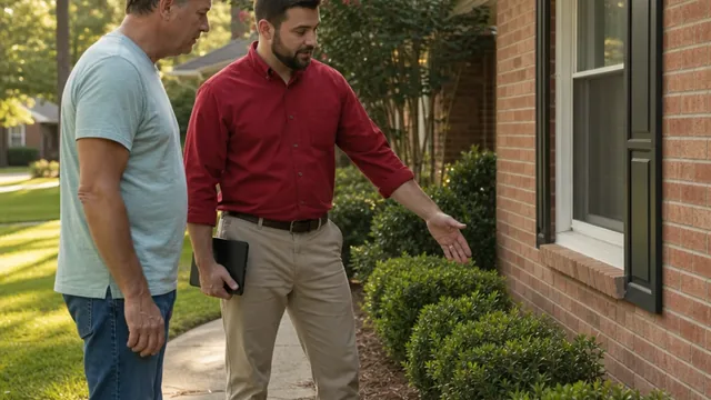 A technician in a red work shirt and khakis standing on the front walkway of a brick ranch house, tablet under one arm, pointing along the foundation shrubs while the homeowner watches.