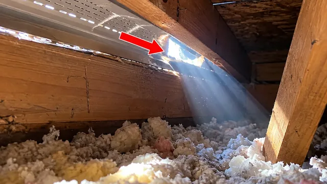 Attic roof-edge opening beside loose insulation, marked by a red arrow, with daylight visible through the gap.