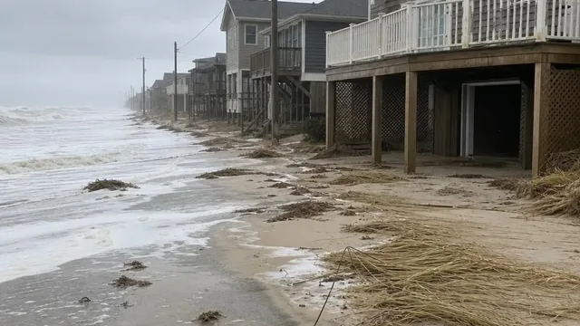 Wind-driven surf and blowing sand along a beachfront street of raised coastal cottages, with dune grass flattened in front of an open under-house garage.