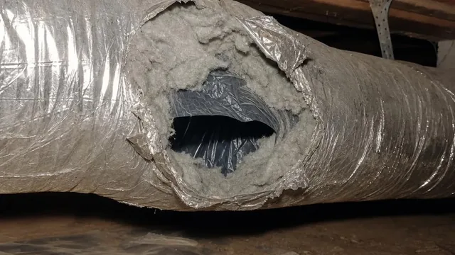 A silver flexible HVAC duct running between crawl space joists with a torn open section exposing the grey insulation and inner liner.
