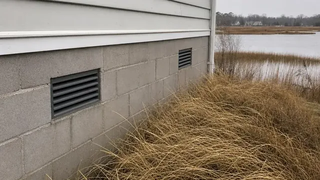 Crawl space vents set in the block foundation of a small waterfront house, with brown winter marsh grass growing close to the wall under a grey sky.