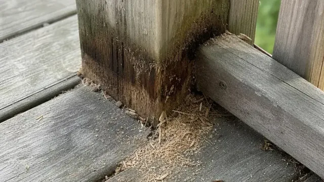 Weathered pressure-treated deck boards meeting a rail post, with moisture-darkened soft wood at the joint and a small pile of coarse sawdust below it.