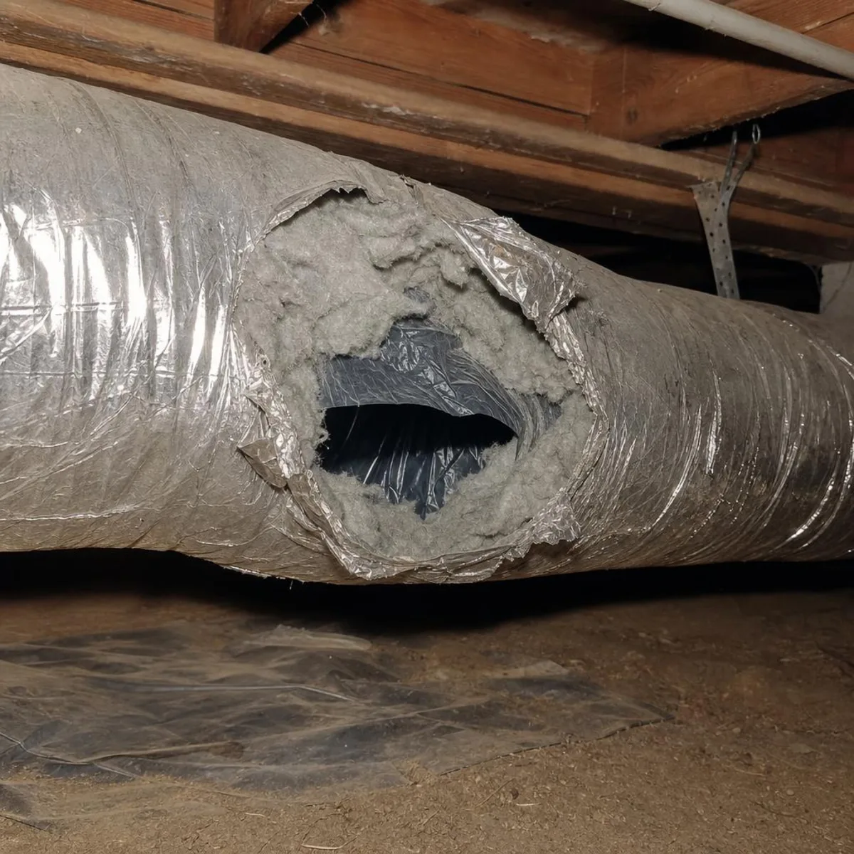 A silver flexible HVAC duct running between crawl space joists with a torn open section exposing the grey insulation and inner liner.