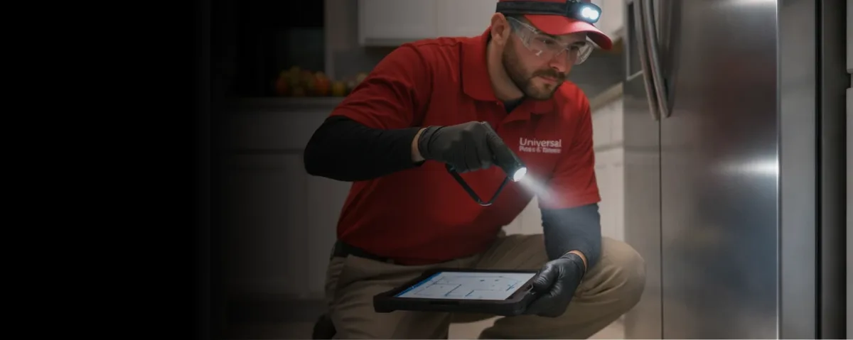Pest Control Technician inspecting refrigerator with flashlight and tablet
