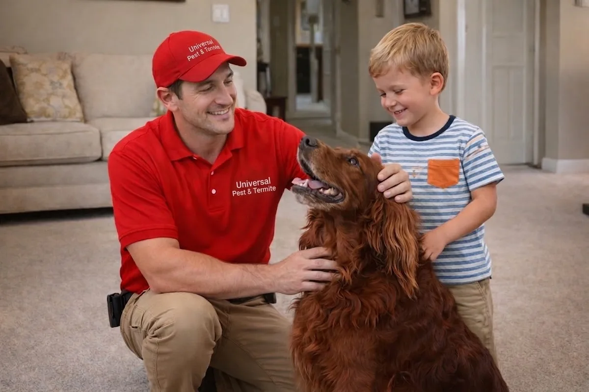 A picture of a Universal Pest technician petting a dog.