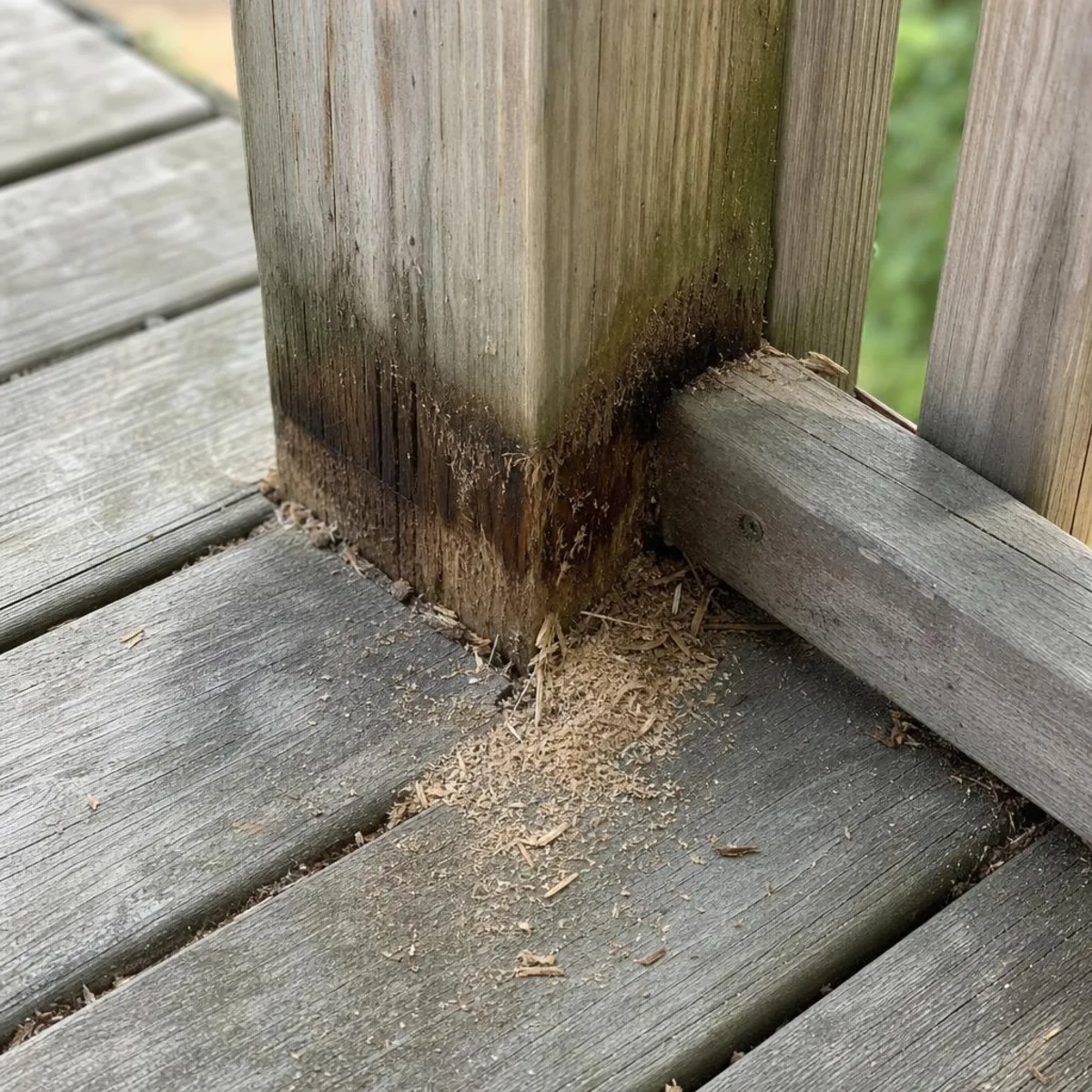 Weathered pressure-treated deck boards meeting a rail post, with moisture-darkened soft wood at the joint and a small pile of coarse sawdust below it.
