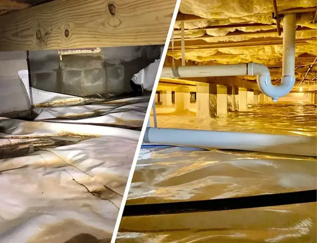 Technician working in a crawl space during a residential cleanup and inspection.