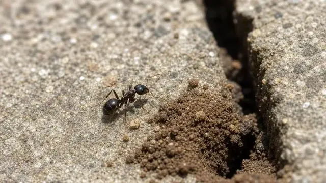 Small dark pavement ant beside a sidewalk crack with a mound of excavated soil