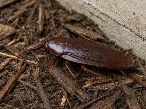 Smokybrown cockroach showing its dark brown body and long wings on mulch